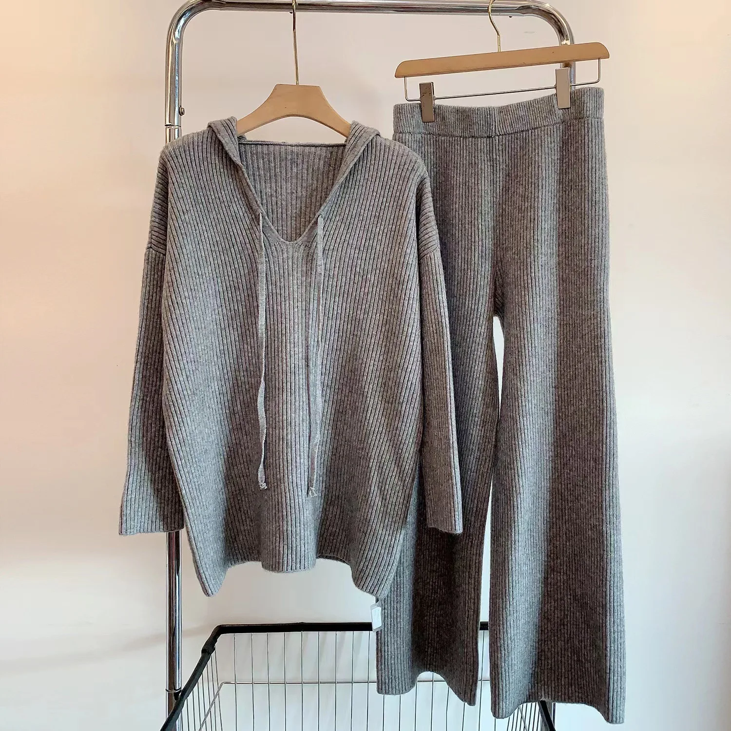 Women Pant Sets Knitted Casual Loose Sweater Two Pieces Set Hooded Drawstring Y2k Tops Slit Wide Leg Elastic Waist Pants Suits