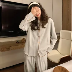 Ruffles Sleepwear Women Fleece Pajama Sets Winter Warm Piiama Button Pants Sets for Women 2 Pieces Night Wears Solid Home Suit