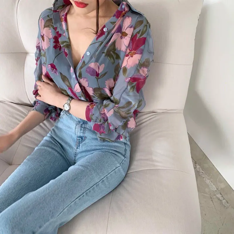 Vintage Fashion Floral Printed Blouse Spring Autumn New Long Sleeve Straight Women\'s Clothing Casual Single-breasted Lapel Shirt