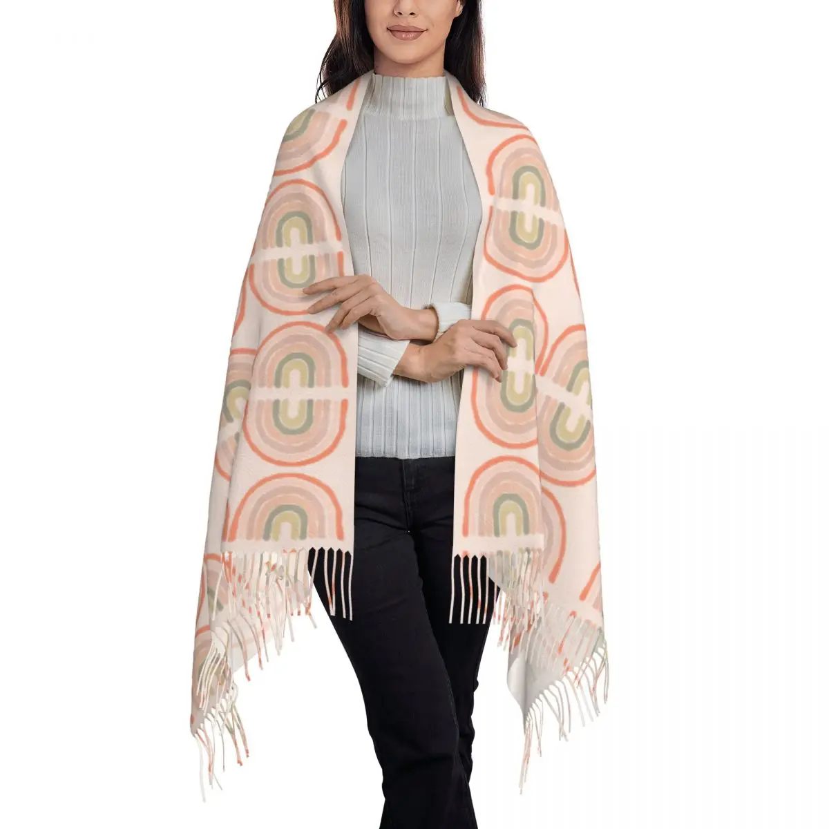 Abstract Rainbow Boho Art Scarf Tassel Scarves for Women Soft Warm Shawls and Wraps Large Fall Winter Shawl Wrap
