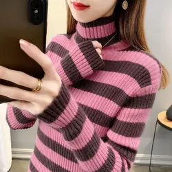 Fashion Turtleneck Knitted Spliced All-match Striped Sweaters Women's Clothing 2022 Autumn New Casual Pullovers Loose Warm Tops