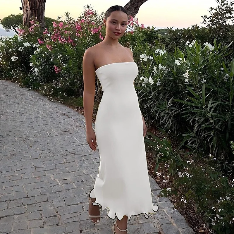 2023 Neues trägerloses Slim-Fit-Wickelkleid, figurbetontes langes Kleid mit Rüschensaum, sexy, elegante Party-Nachtwäsche, Sommer-Clubwear