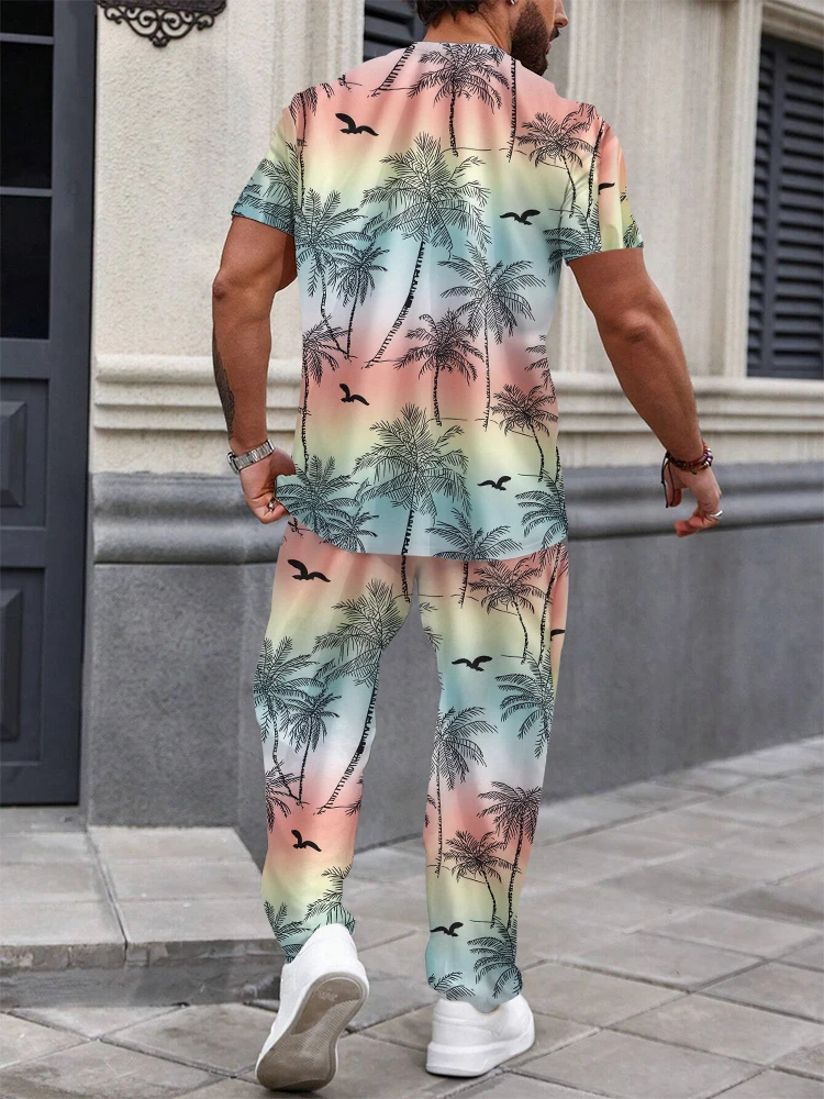 Frühling Sommer Anzug Zwei Stück Schlank Kurzarm Hosen Set Urlaub Sommer Palme Druck Lässige Mode Einfache Sportswear