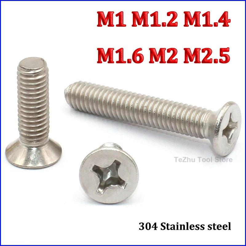 

100pc M1 M1.2 M1.4 M1.6 M2 M2.5 304 A2 Stainless Steel Cross Phillips Flat Countersunk Head Screw Bolt Length 2.5-50mm