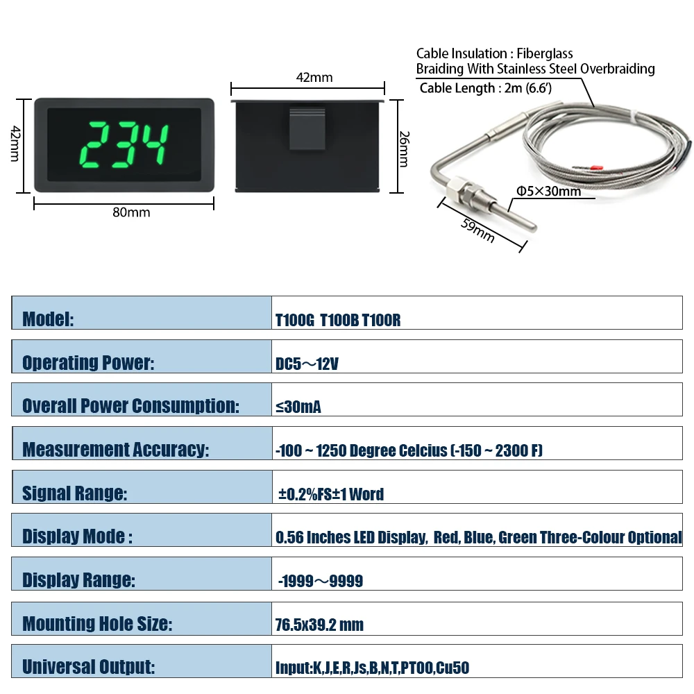 Red Green Blue LED Gauge with EGT Temperature Sensors & Weld Bund Combo Kit in Fahrenheit Celsius Adjustable Universal Use PT100