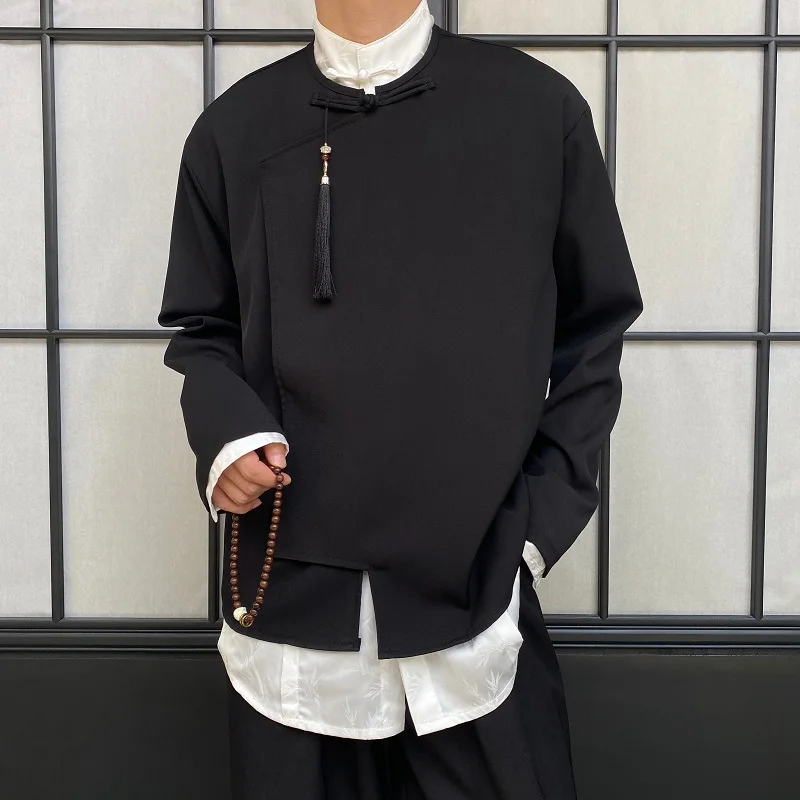 

Новая осенняя мужская рубашка в китайском стиле с бахромой, пуговицами и боковыми разрезами, в стиле ретро-дзен, свободного кроя, с длинными рукавами