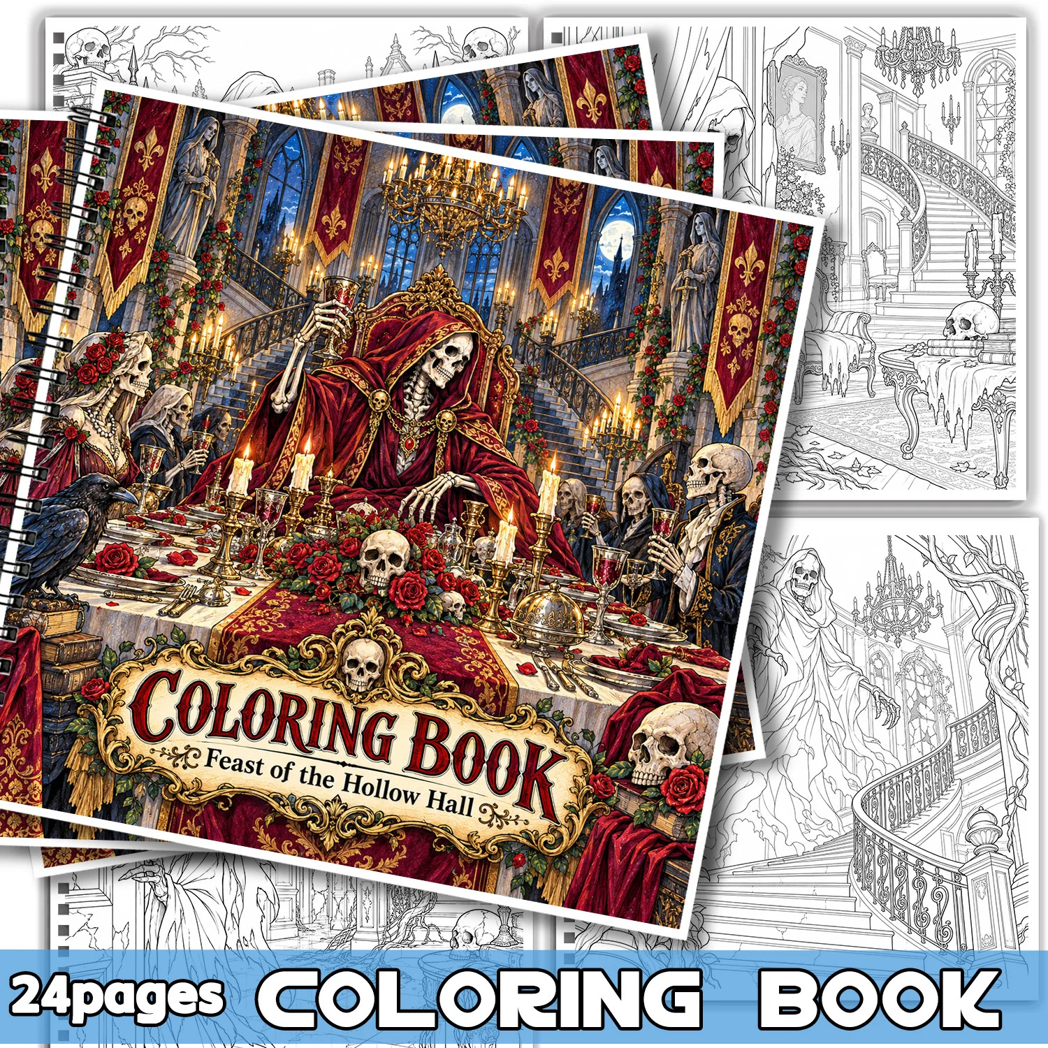 Coloring Book Spiral Bound 24 Pages Gothic Skeleton Feast Design For Adults Teens Showcasing Creativity Relieving Stress