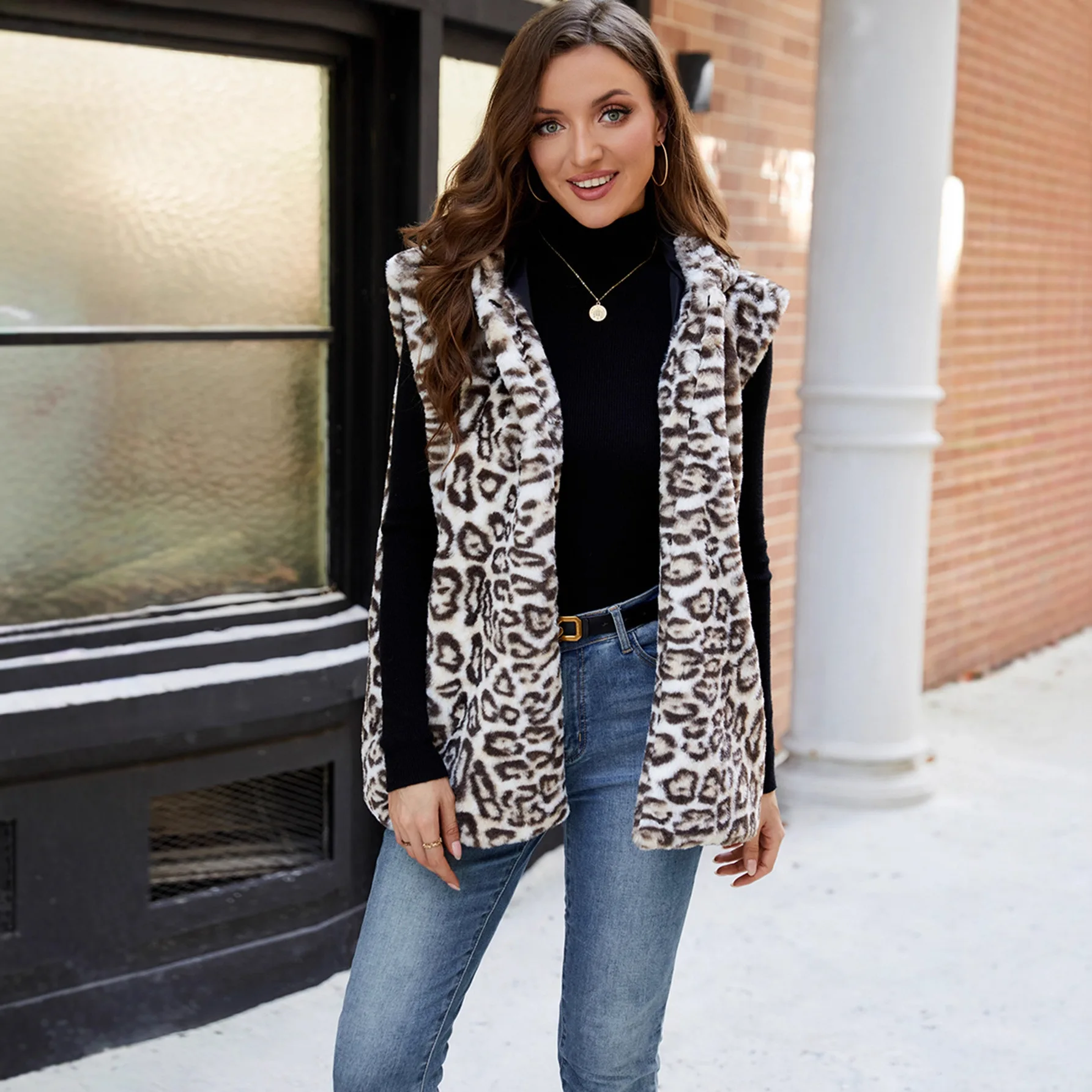 2026 New White Leopard Print Mid Length Imitated Leather Waistcoat Women Warm Faux Rabbit Fur Furry Vest Coat