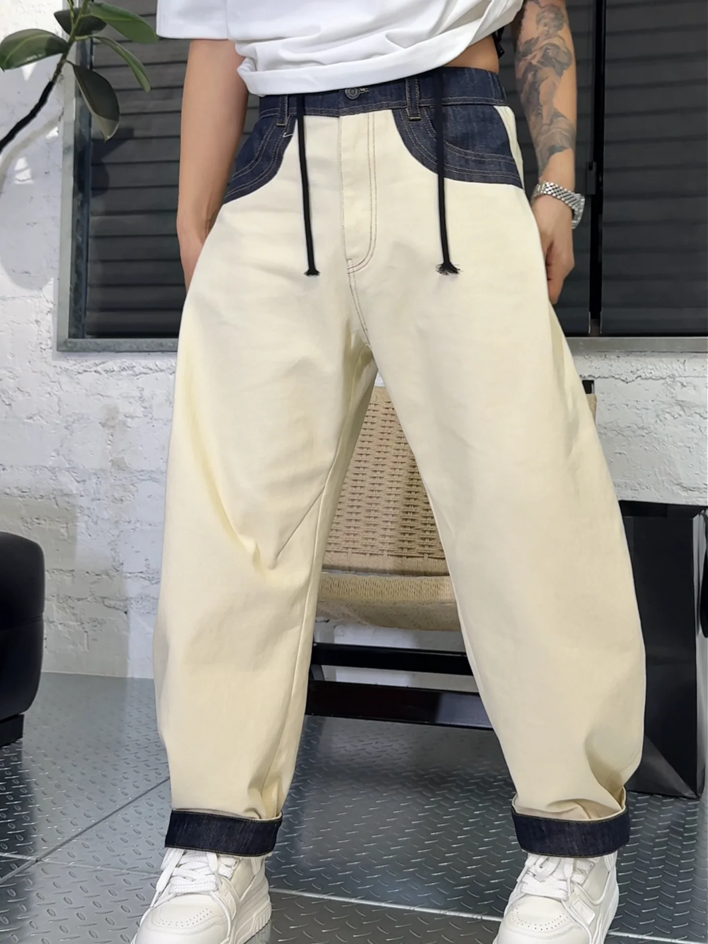 

Trendy Men's Straight Leg Jeans Spring Autumn New Sle Patchwork Color Blo Design Casual Pants mid Waist Zipper Fly