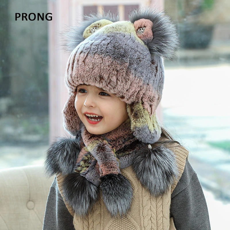 Kids Winter Hats Rex Rabbit Fur Hat Girls Boys Bonnets With Ear Flap Children Thick Warm Caps