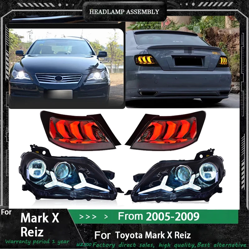 

Стайлинг автомобиля для Toyota Mark X, светодиодная фара + задний фонарь 05-09, фара Reiz DRL, указатель поворота, дальний свет, ангельские глазки, автоаксессуары