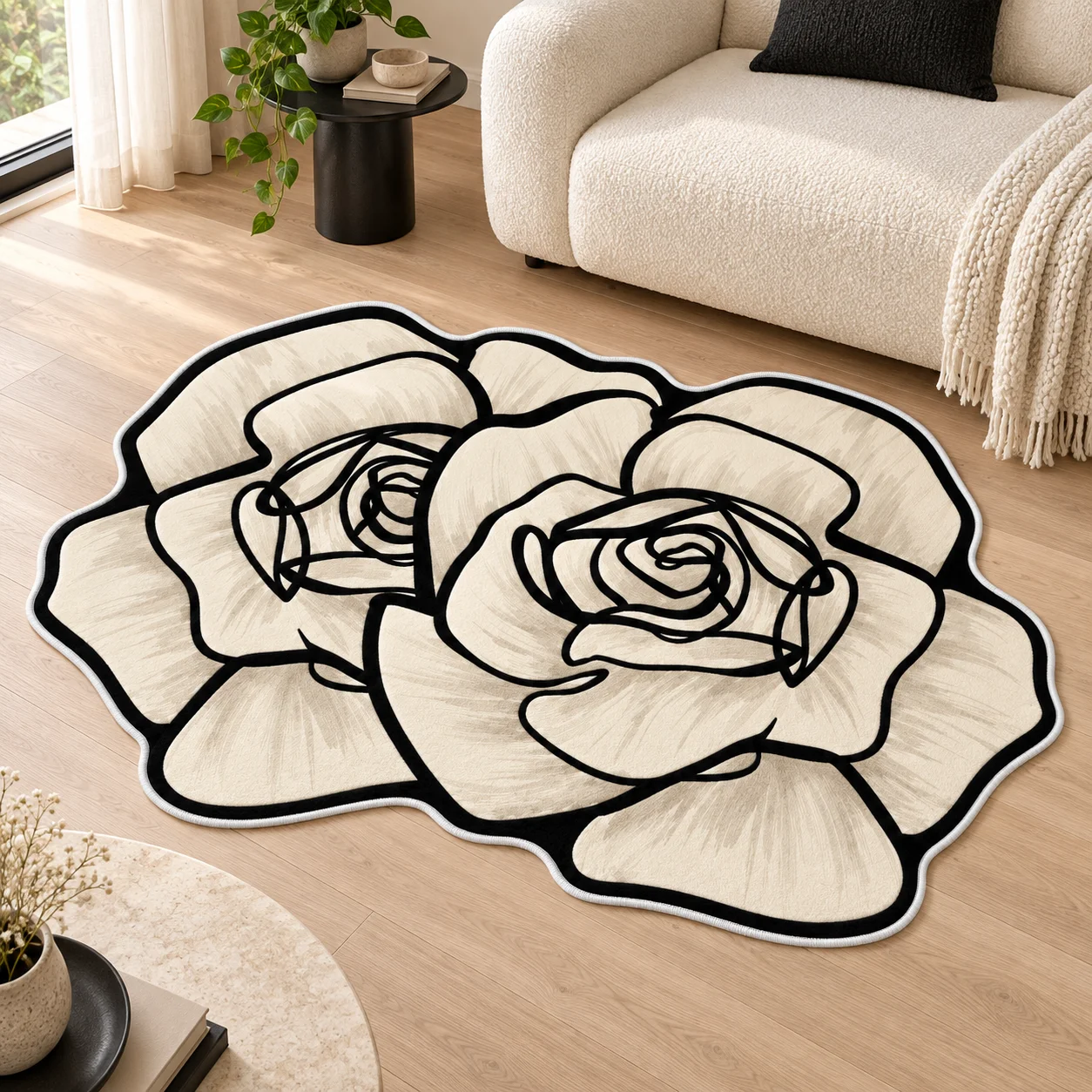 Off-White Rose Flowers Shaped Area Rug, Elegant Floral Floor Mat for Bedroom Living Room Dressing Area, Romantic Home Decor Gift