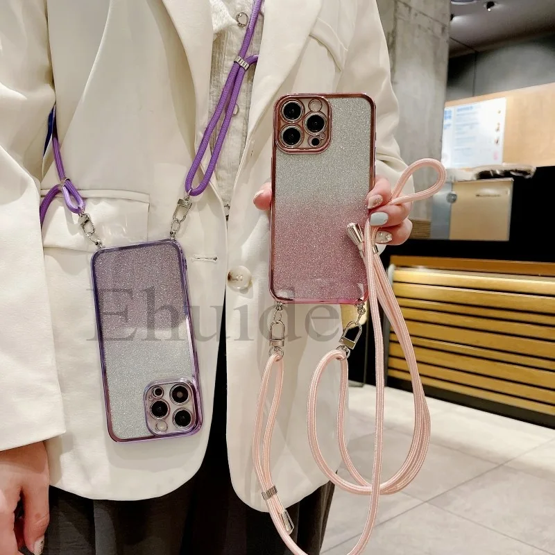 حافظة بحزام قابل للتعديل لهاتف آيفون 16 برو ماكس 15 بلس 11 12 13 14 برو 17 حبل كروس هوائي غطاء ورقي لامع مطلي شفاف