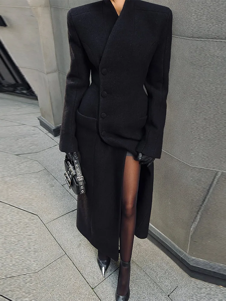 Women's Chic Elegant Long Wool-Blend Jacket - V-Neck Solid Color | Slim Fit Single-Breasted Waist Soft Warm Office Daily Outfit