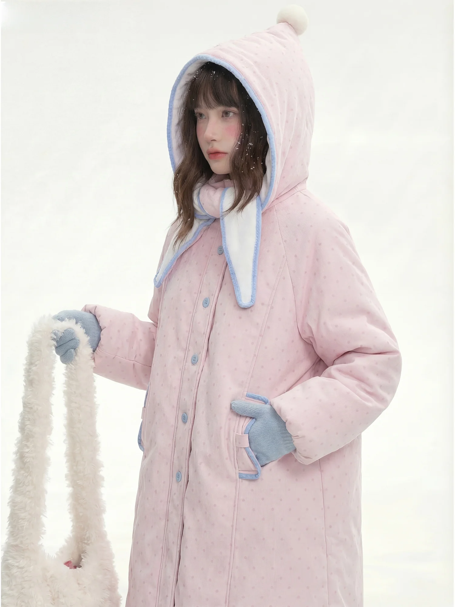 

RRFIGHT Winter 2025 Soft Polka Dot Velvet Cotton Jaet Women's Mid-Length Coat Sweet Sle Loose Fit Hooded Long Sve