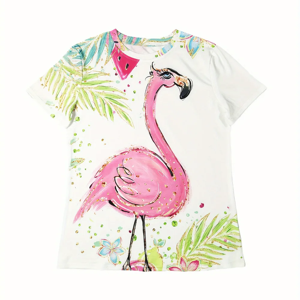 Vibrant Flamingo Print Short Sleeve Crew Neck T-Shirt - Regular Fit, Cute Summer Top Perfect For Spring And Summer Outings