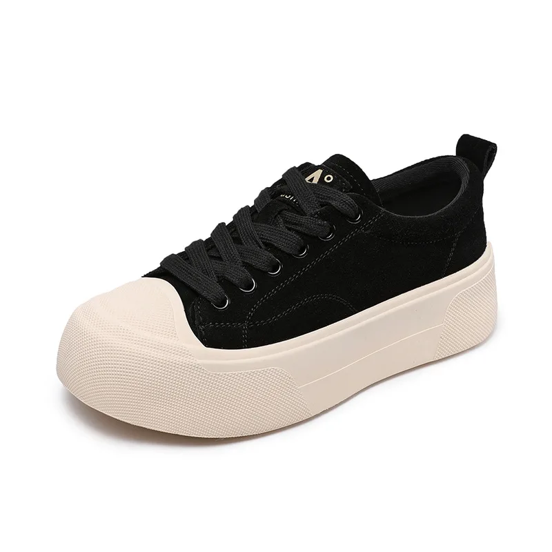 

2025 Fashion Women Flat Platform Shoes Spring Lace-Up Quality Cow Suede Round Toe Casual Sneakers Ladies Board Shoes