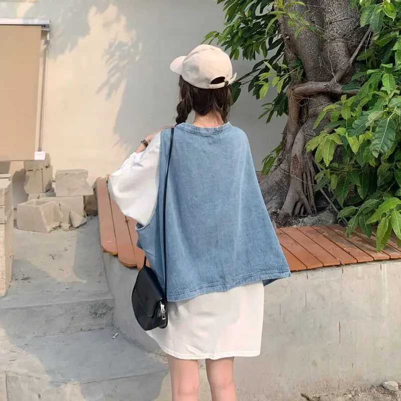 الدنيم سترة تي شيرت مجموعات النساء أزياء الصيف تصميم فضفاض الترفيه بسيط الطلاب كل مباراة اليومية الكورية نمط الصلبة الكلاسيكية الجديدة