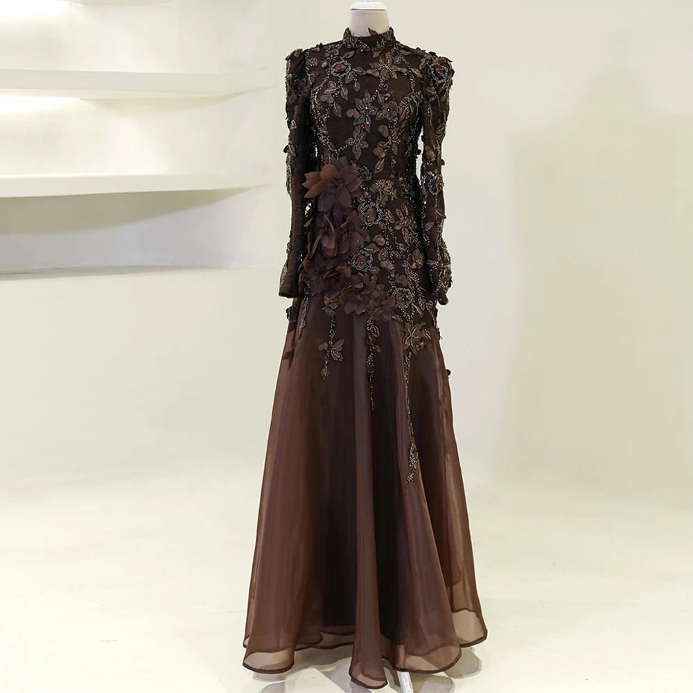Elegant High Collar Organza Evening Dress Flowers Party Dresses Fashion Sequined Beading Customized Special Occasion Gowns