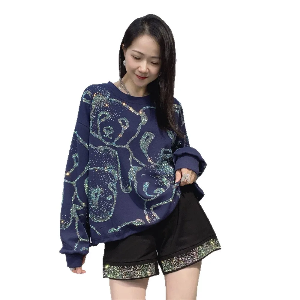 Women's Rhinestone Round Neck Short Sweatshirt Autumn Winter New Fashion Versatile Loose Casual Cartoon Long Sleeve Top