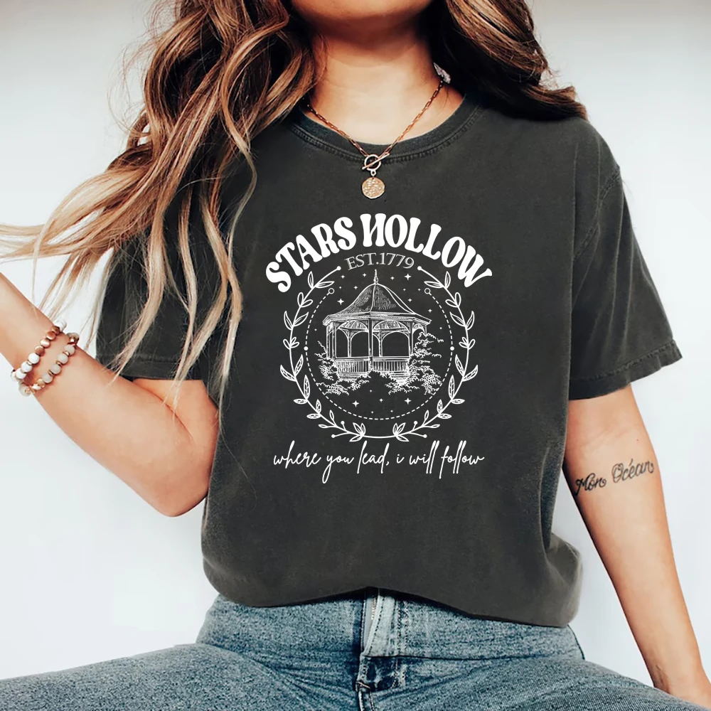 Stars Hollow Where You Lead I Will Follow T-Shirt Lukes Diner T-shirt Vintage Women Short Sleeve T Shirts Casual Crewneck Tee