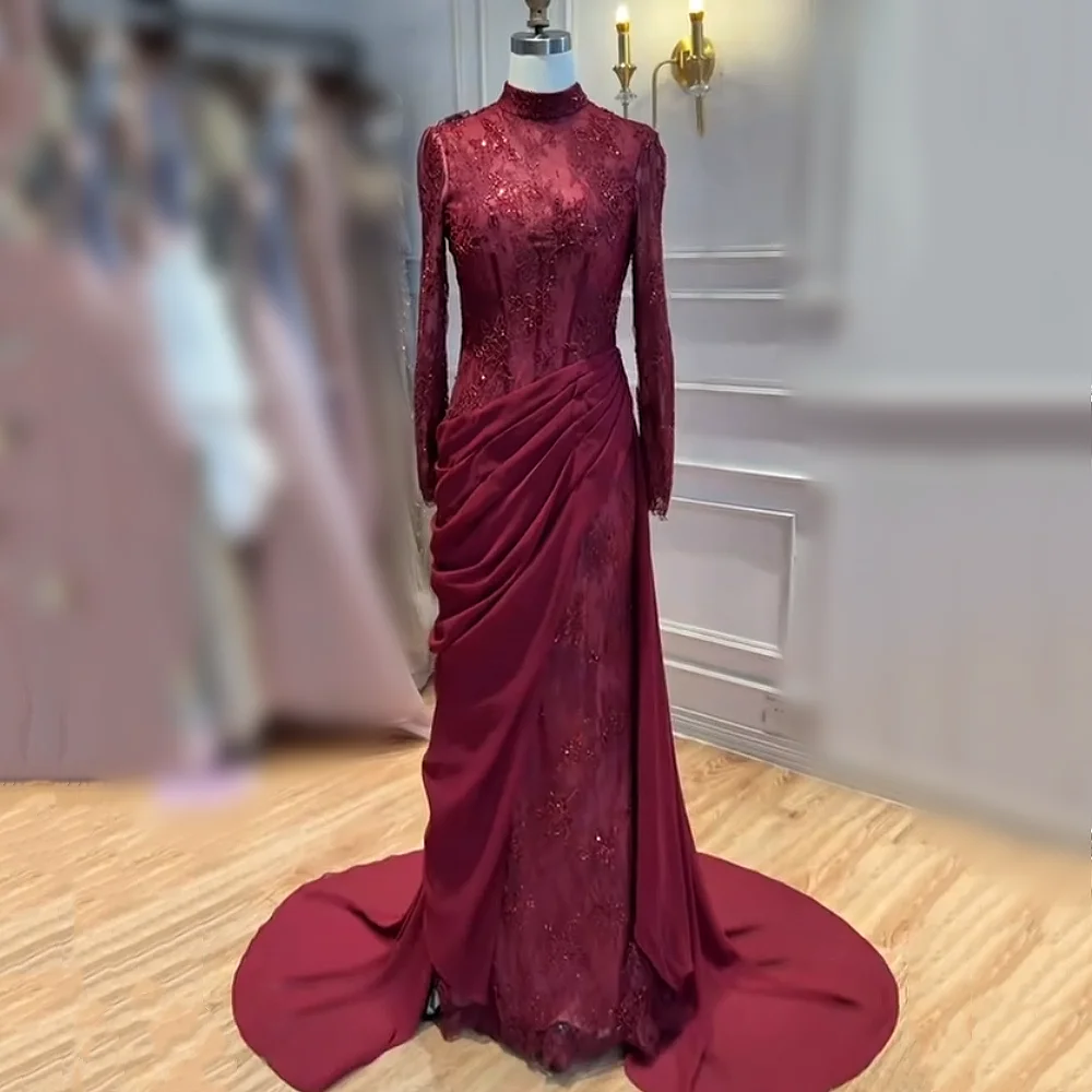 Maßgeschneidertes Exquisites Abendkleid mit Langen Ärmeln, Hohem Kragen und Spitze für Hochzeiten und Bankette, Klassisches Design