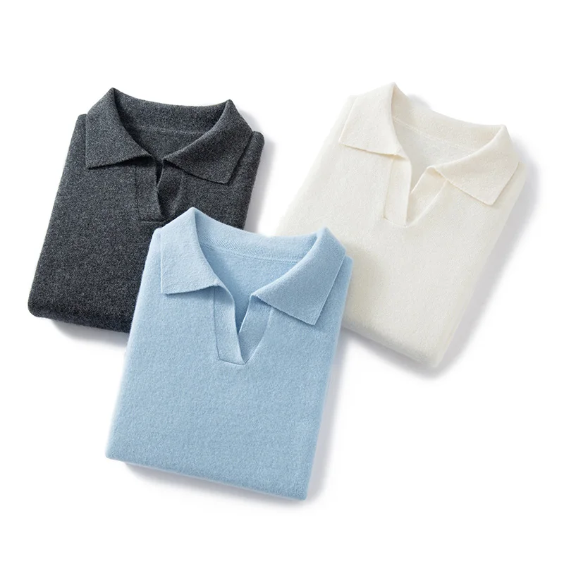 

High-end Women's V-neck Polo Pullover Sweater Autumn Winter Casual Loose Turn Down Collar 100% Cashmere Sweater Knitwear Jumpers