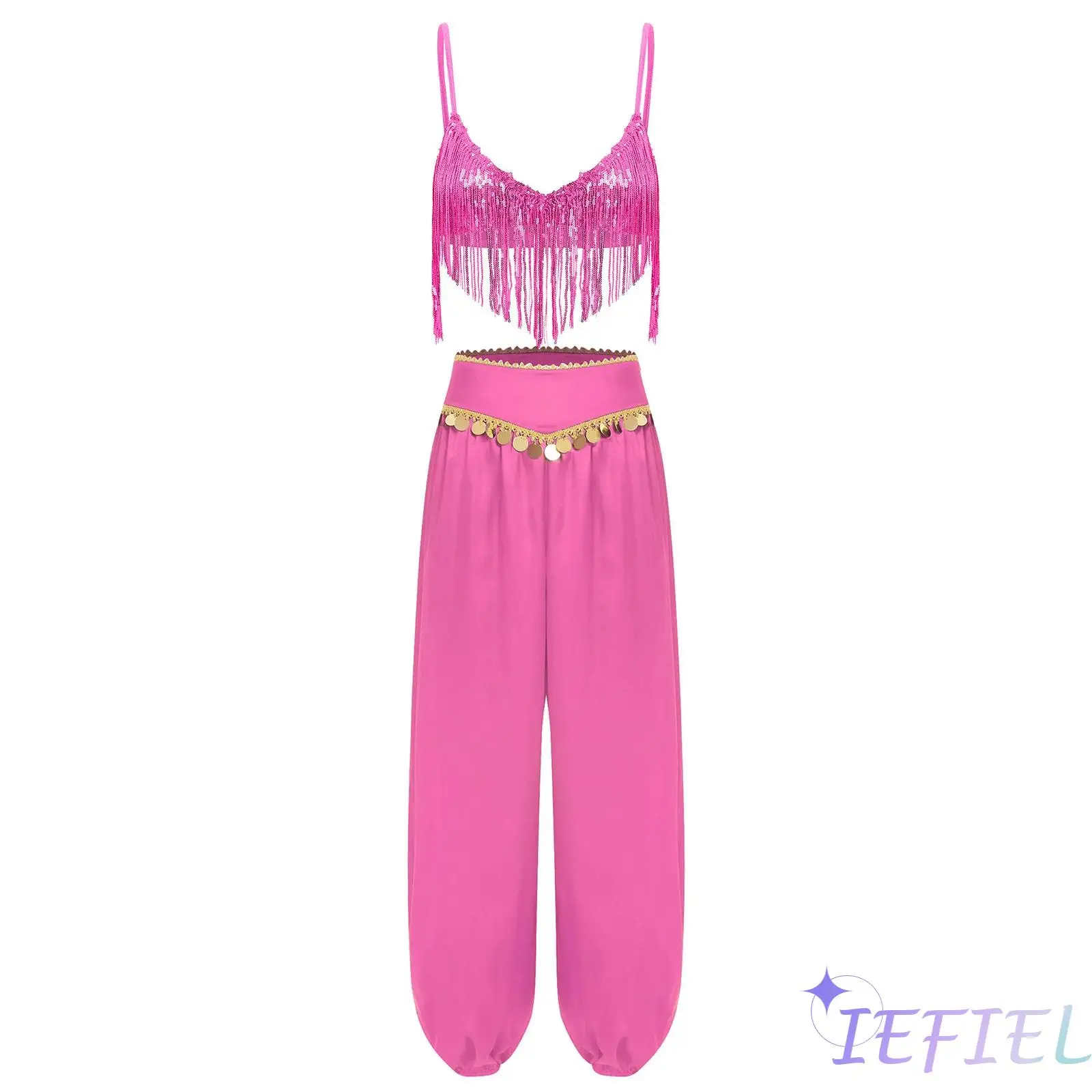 

Женский костюм для танца живота на Хэллоуин: топ-бюстгальтер с пайетками и бахромой, беспроводной, с блестящими бахромчатыми брюками-шароварами для народных танцев и вечеринок