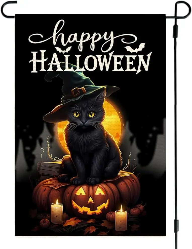 Happy Halloween Garden Flag 12x18 Inch Burlap Double Sided, Black Cat Jack-o-Lantern Pumpkin Outdoor Halloween Decorations Holid