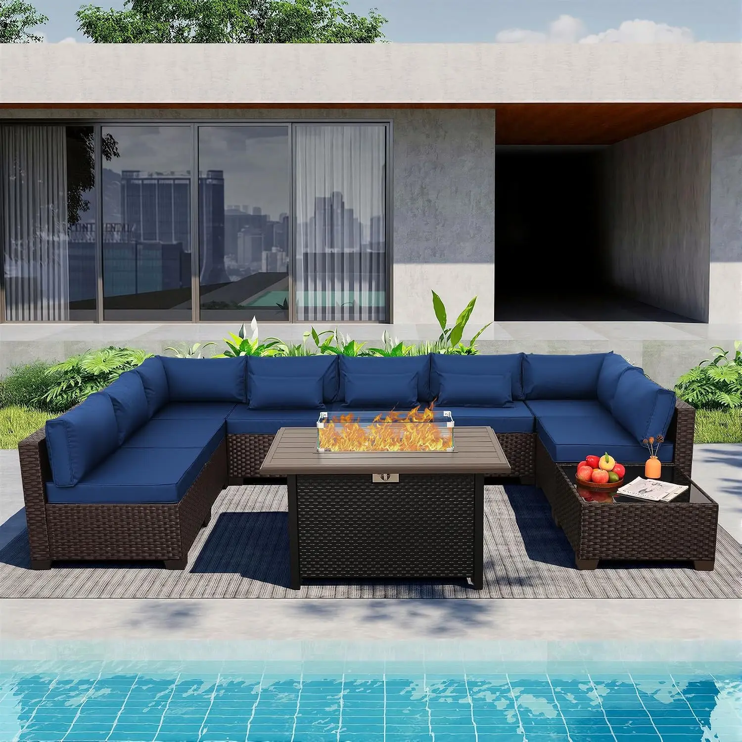 10-Piece Wicker Patio Set With Glass Table, Sectional Sofa, 43