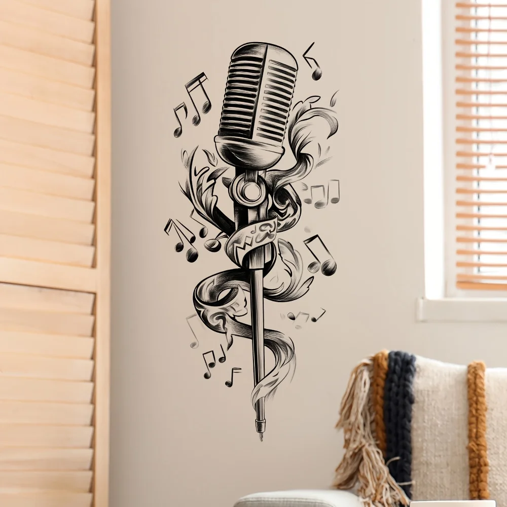 2D plane, 1 modern watercolor microphone wall sticker-self-adhesive, multi-surface music theme sticker, suitable for bedroom and