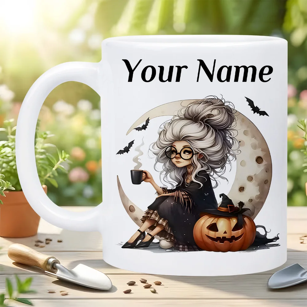 Custom Name Halloween Gift 1pc 11oz Ceramic Mug Crescent Moon Pumpkin Lady Bat Art Pattern for Friend Family