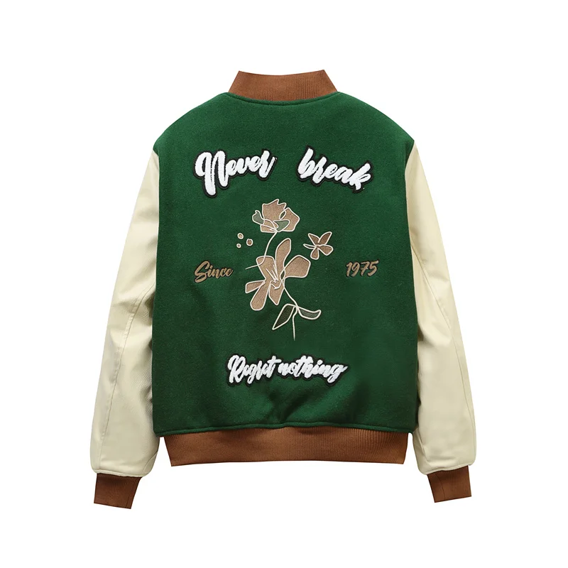 ZVRI 2024 new men\'s green patch embellish bomber jacket jacket PU clip cotton jacket baseball jacket