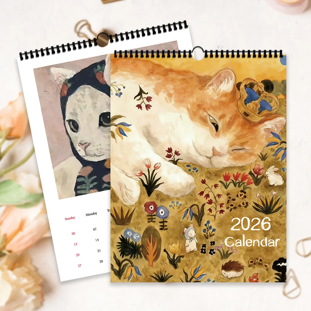 Calendrier mural 2026, autoportrait de chat, foulard de chat, 12 beaux modèles, cadeau parfait pour les anniversaires, noël, nouvel an, 1 pièce