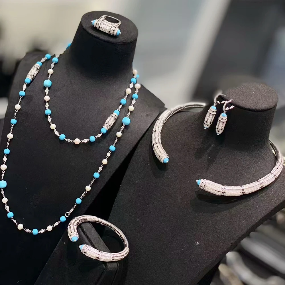 KQDANCE Luxury Solid 925 Silver Black Leopard Print Blue Turquoise Choker Necklace Earrings Bangle Cocktail Rings Fine Jewelry