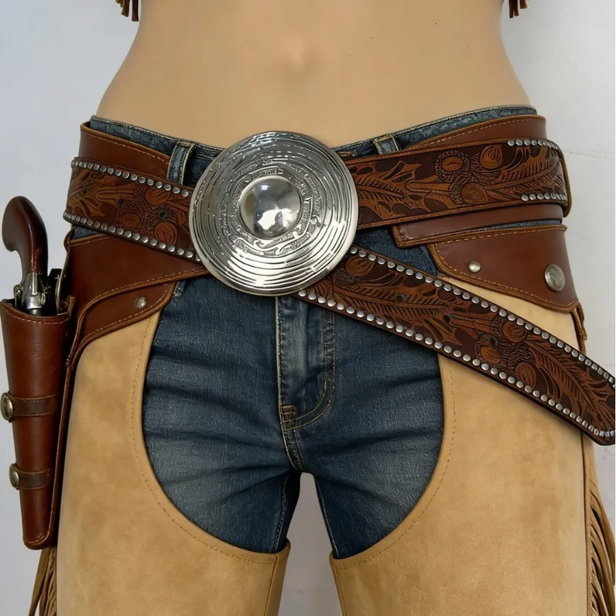 Western Cowboy Embossed Rivet Round Engraved Pattern Leather Belt Jeans Waist Accessory Vintage Craftsmanship