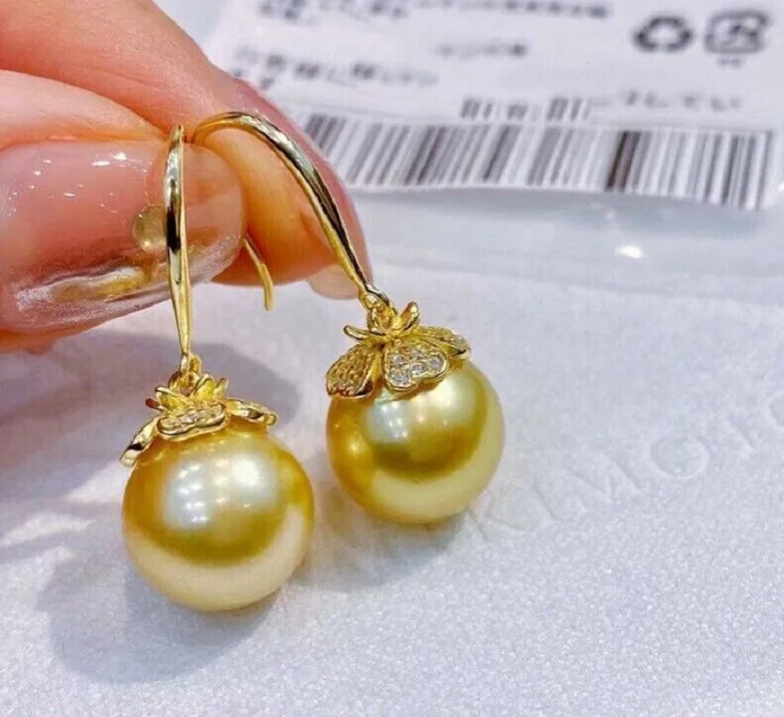 Gorgeous AAAA+10-11mm Natural Gold South China Sea Round Pearl Earrings 925s