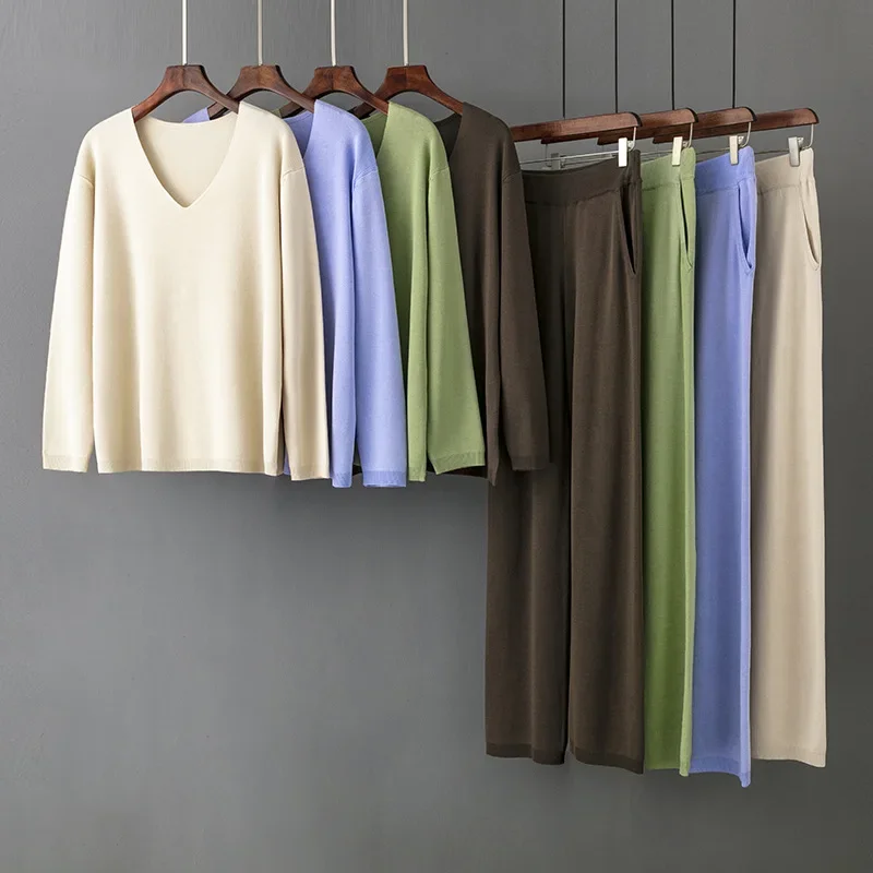 

Новые весенне-осенние однотонные комплекты брюк в европейском и американском стиле с v-образным вырезом, свободный повседневный свитер с высокой талией, комплекты из двух предметов, женские наряды ZL928