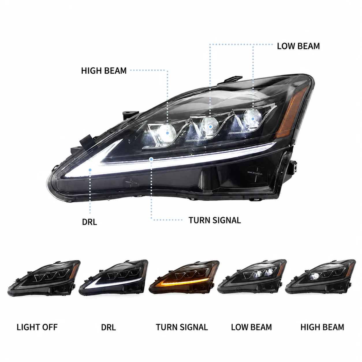 2 Stück LHD LED-Scheinwerfer-Set für Lexus IS250 IS300 IS350 ISF 2005-2013, dynamischer sequenzieller Blinker in Amber, DRL, direkte Montage, Plug-and-Play, IP67 wasserdicht