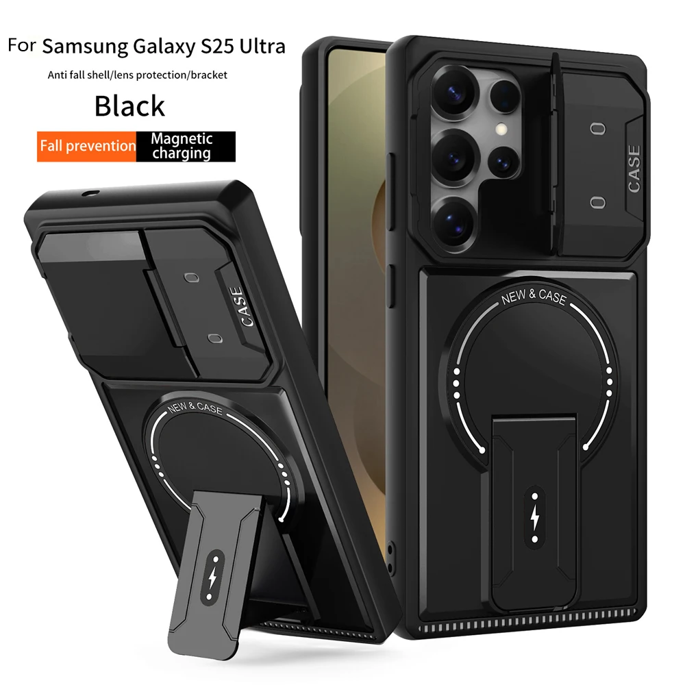 

Full Lens Protection Fold Stand Magnetic Phone Cases For Samsung Galaxy S25 S24 S23 S22 Ultra Plus For Magsafe Military Cover
