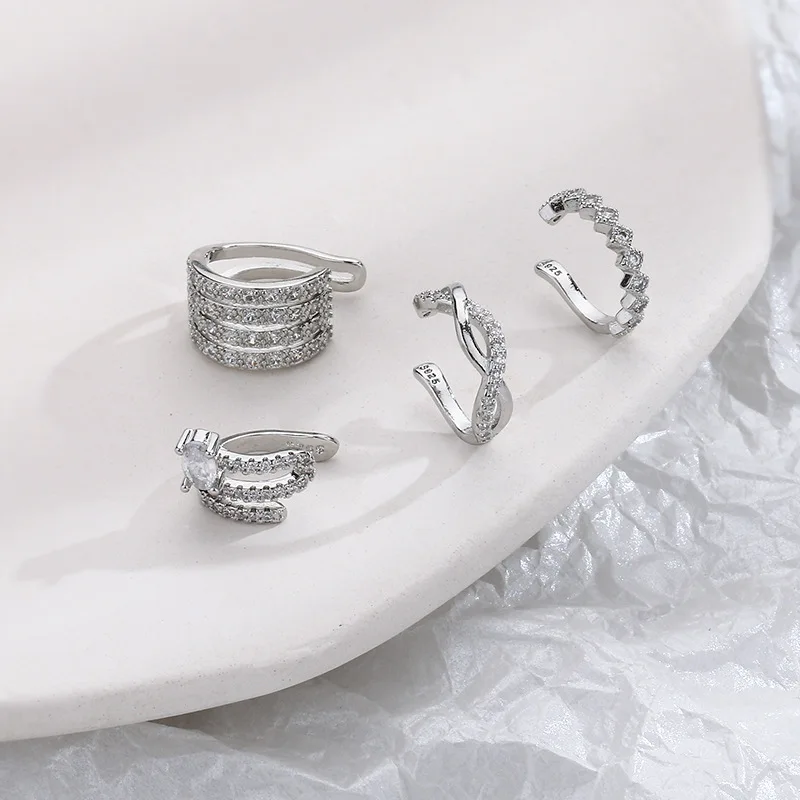 WLP Luxury Silver Color Rhinestone Multi Layer Ear Cuff Earrings Without Piercing for Women Non-pierced Ear Clip Earring Jewelry