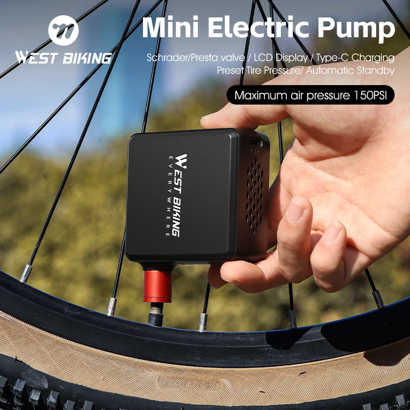 WEST BIKING Bike Pump portable Mini Electric Air Pump with LCD Display 150PSI Tire Inflator Motorcycle Car E-bike Bicycle Pump