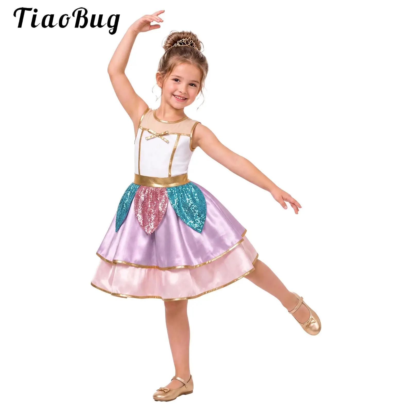Kids Girls Halloween Characters Costume Sleeveless Mesh Metallic Princess Dress Child Color-blocked Sequin Peplum Satin Dress