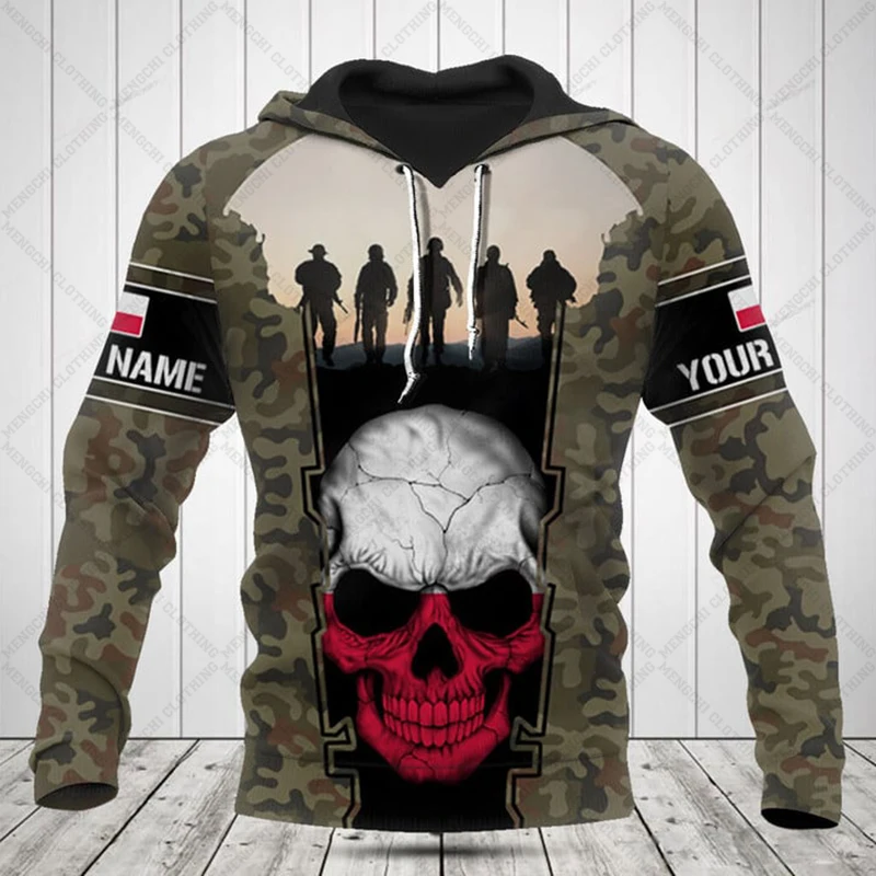 Custom Name Poland Skull Graphic Camouflage Hoodies Shirts Unisex Loose Sweatshirts Casual Pullover Oversized Tops Streetwear