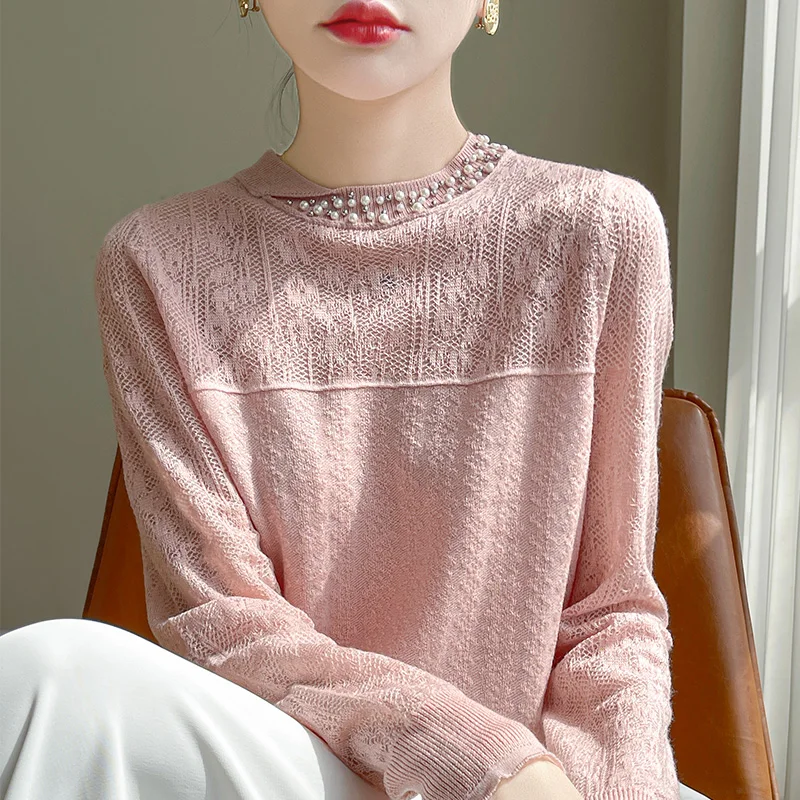 2024100% pure wool sweater women\'s spring and summer new hollow beaded long-sleeved blouse fashion bottoming shirt