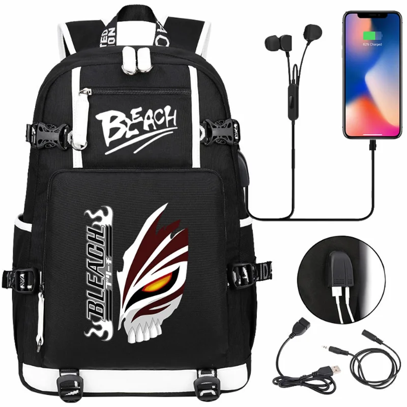 

Anime Bleach Kurosaki Ichigo Backpack Teenarges Schoolbag Men Women Fashion USB Charge Port Laptop Outdoor Bags Mochila