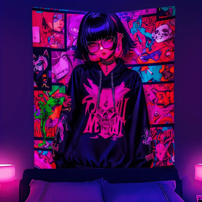 VIKAMA Purple Pink Neon Manga Dark Hot Girl Subculture Tapestry Background Hanging Fabric Y2K Trendy Cool Room Decoration