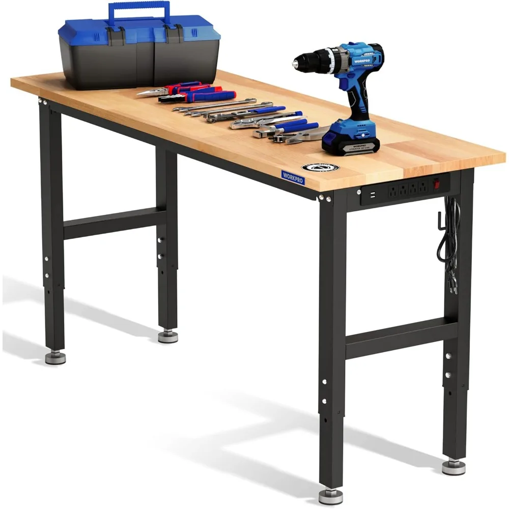 Adjustable Garage Workbench, 60x24 Rubber Wood Top Heavy-Duty Work Desk with Power Outlets, Leveling Foot, 5 Heights, 15