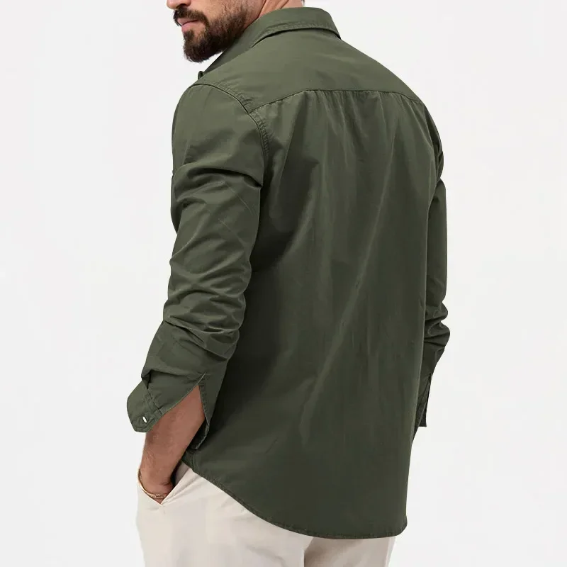 Army Green Tactical Cargo Shirts For Men Chest Two Pockets Long Sleeve Mens T-Shirt 2024 Trend Casual Loose Shirt Chemise Hombre