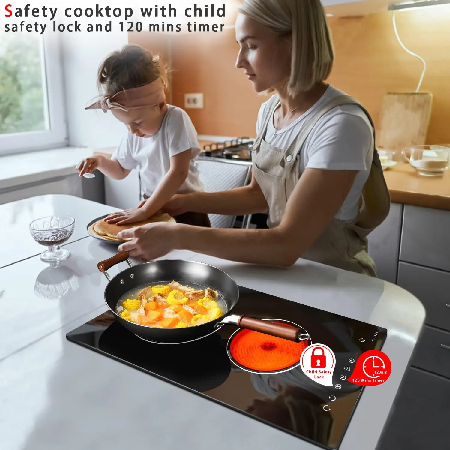 Cooktop 12 Inch, Built-in Electric Radiant Ceramic Stove Top, Sensor Touch Control, Child Safety Lock, Timer, 3000W, Hard Wire f